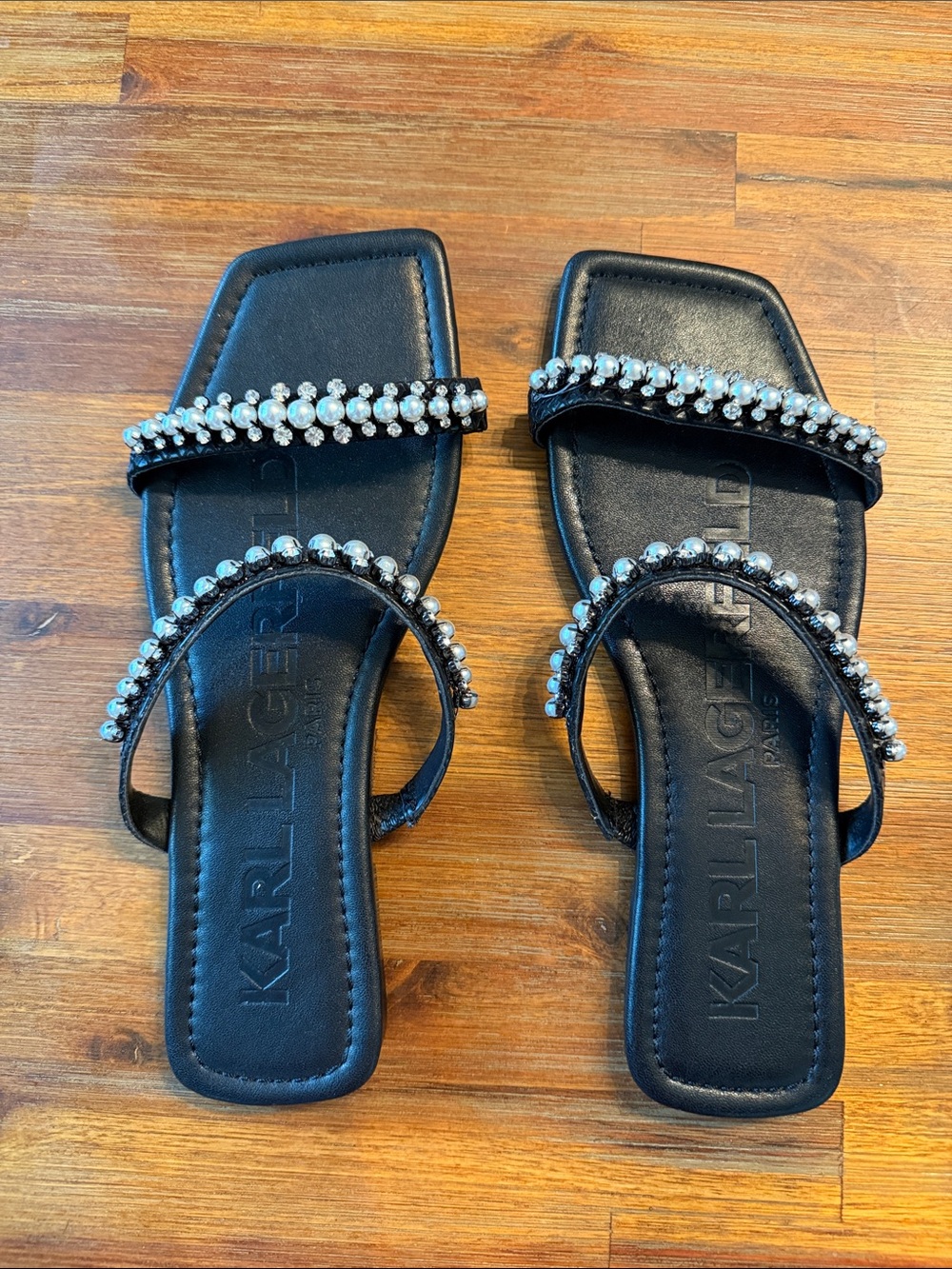 Karl Lagerfeld Black Crystal-Embellished Double Strap Slide Sandals